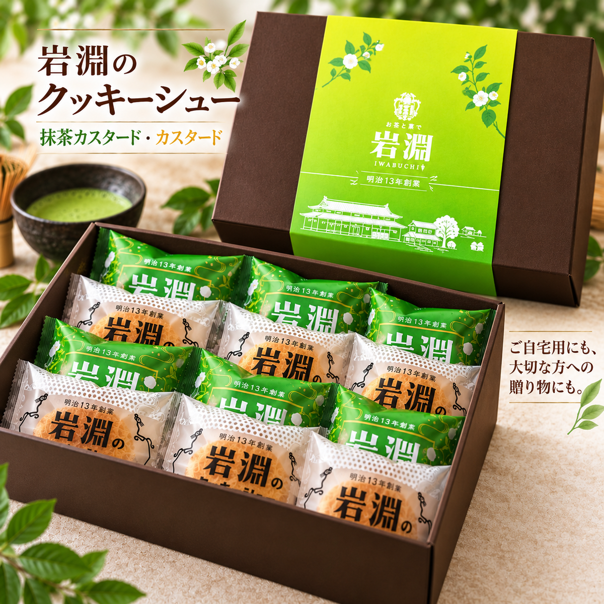 岩淵のクッキーシュー（抹茶カスタード味、カスタード味）【ご自宅用簡易箱入り】